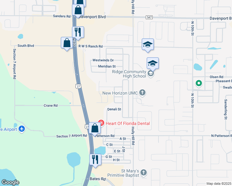 map of restaurants, bars, coffee shops, grocery stores, and more near 820 Teton Street in Haines City