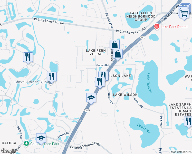 map of restaurants, bars, coffee shops, grocery stores, and more near 18857 Noble Caspian Drive in Lutz
