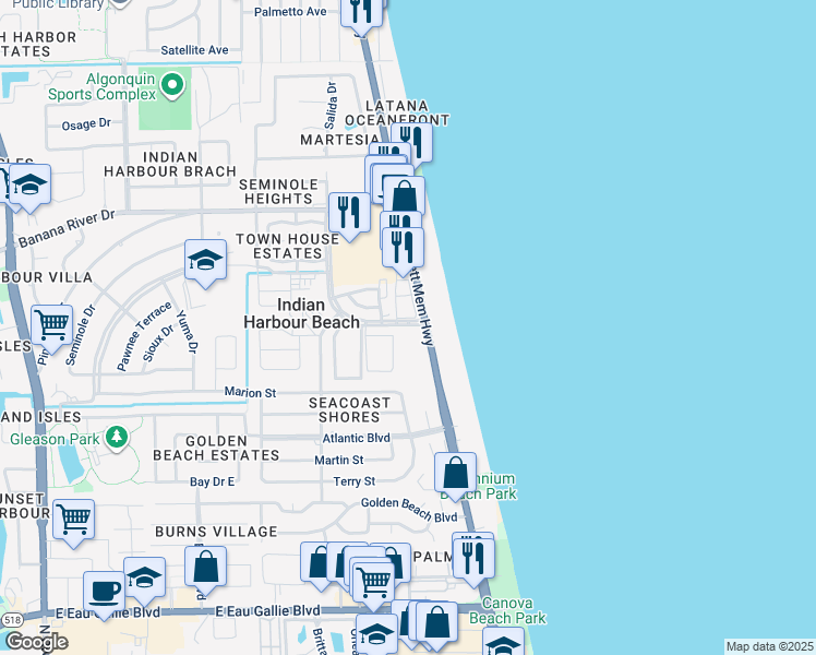 map of restaurants, bars, coffee shops, grocery stores, and more near 1944 Florida A1A in Indian Harbour Beach