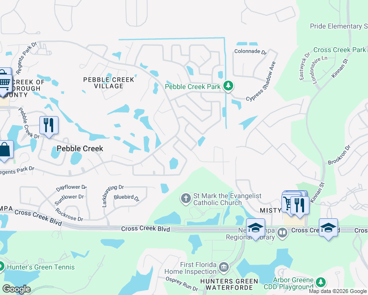 map of restaurants, bars, coffee shops, grocery stores, and more near 9611 Cypress Brook Road in Tampa
