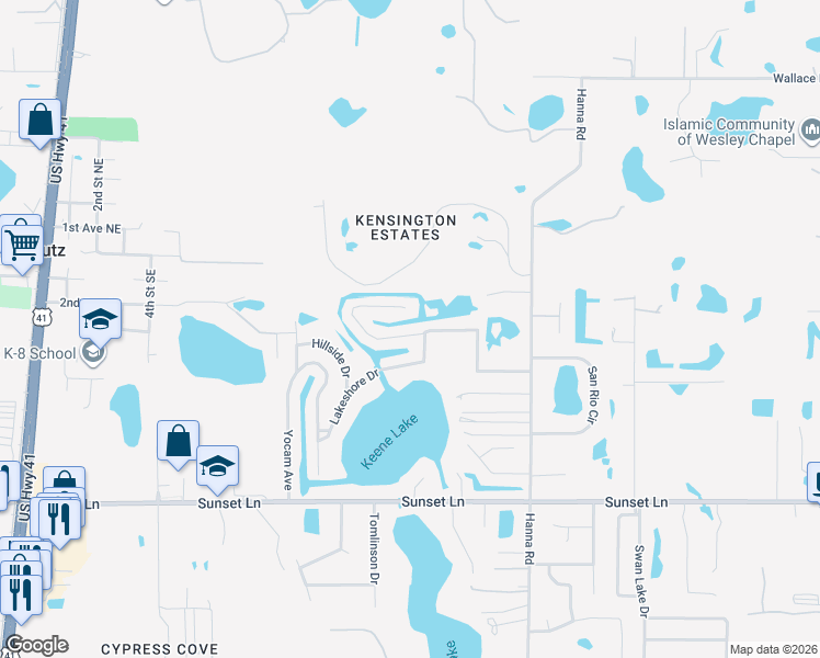 map of restaurants, bars, coffee shops, grocery stores, and more near 18803 Tracer Drive in Lutz