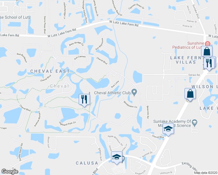map of restaurants, bars, coffee shops, grocery stores, and more near 18810 Rue Loire in Lutz