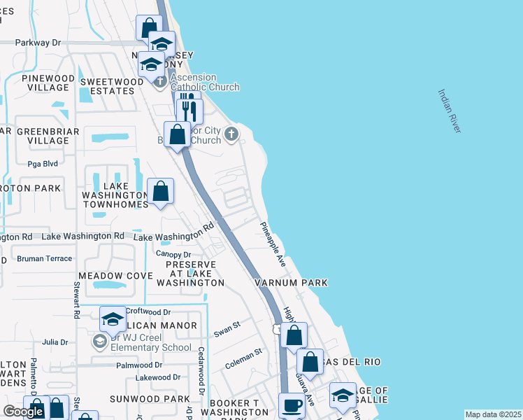 map of restaurants, bars, coffee shops, grocery stores, and more near 2569 Pineapple Avenue in Melbourne