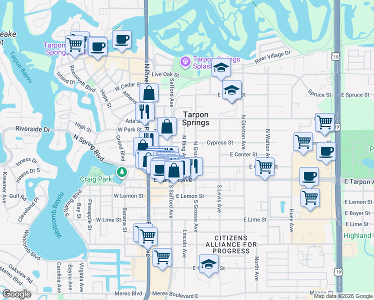 map of restaurants, bars, coffee shops, grocery stores, and more near 212 North Ring Avenue in Tarpon Springs