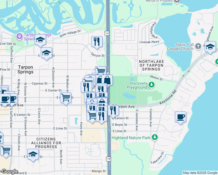 map of restaurants, bars, coffee shops, grocery stores, and more near U.S. Highway 19 in Tarpon Springs