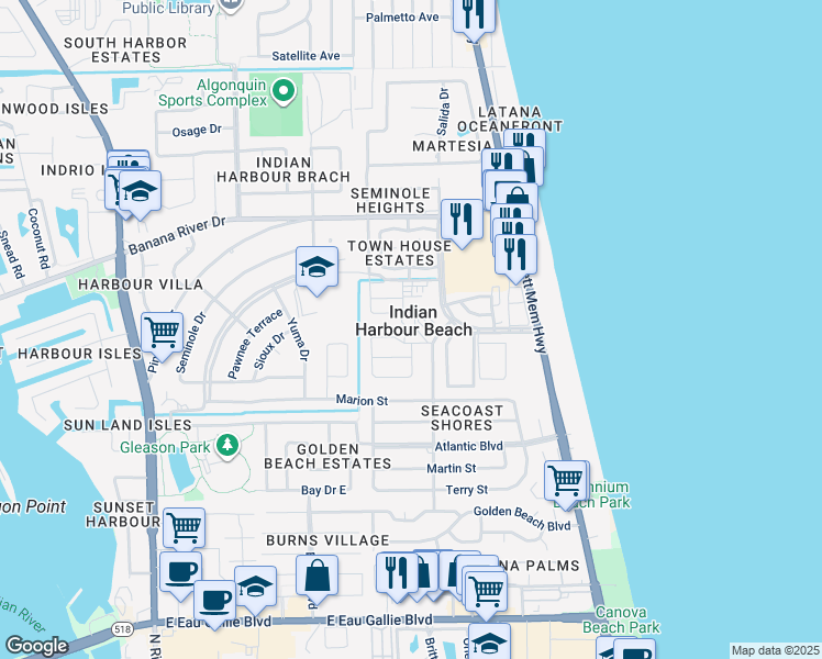 map of restaurants, bars, coffee shops, grocery stores, and more near in Indian Harbour Beach