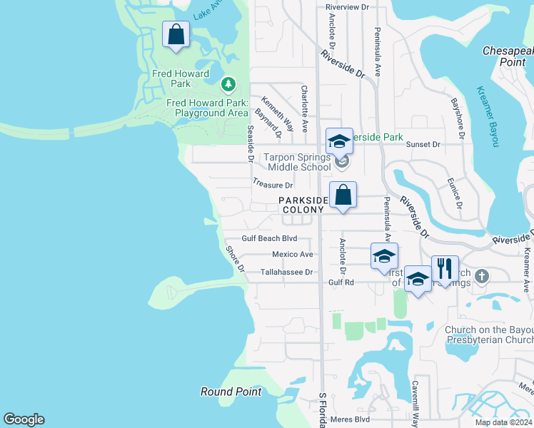 map of restaurants, bars, coffee shops, grocery stores, and more near 325 Windrush Loop in Tarpon Springs