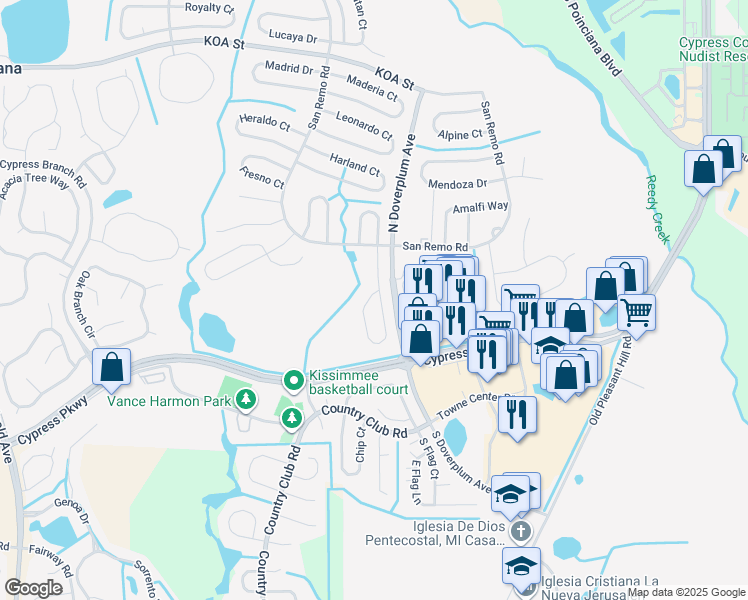 map of restaurants, bars, coffee shops, grocery stores, and more near 771 Americana Court in Kissimmee