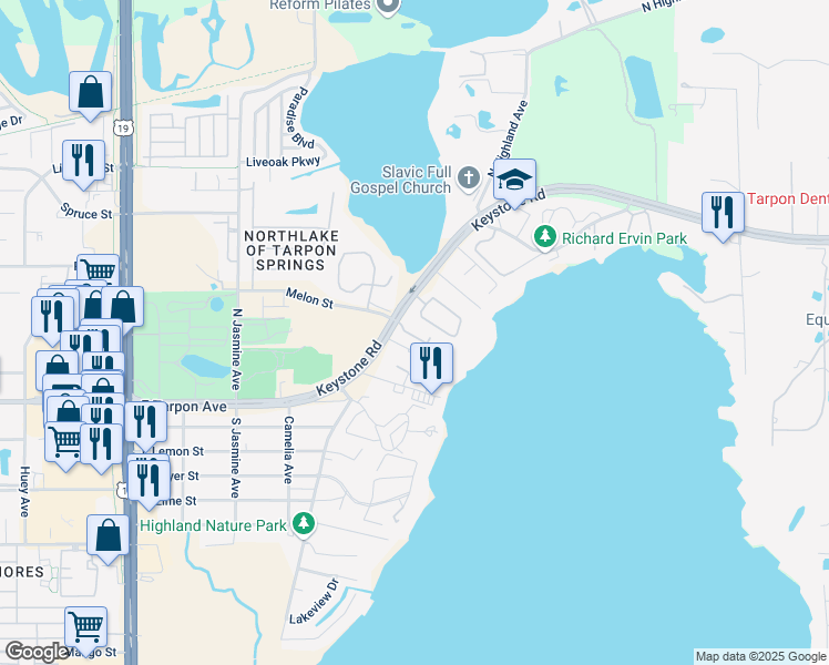 map of restaurants, bars, coffee shops, grocery stores, and more near 1408 Keystone Ridge Circle in Tarpon Springs