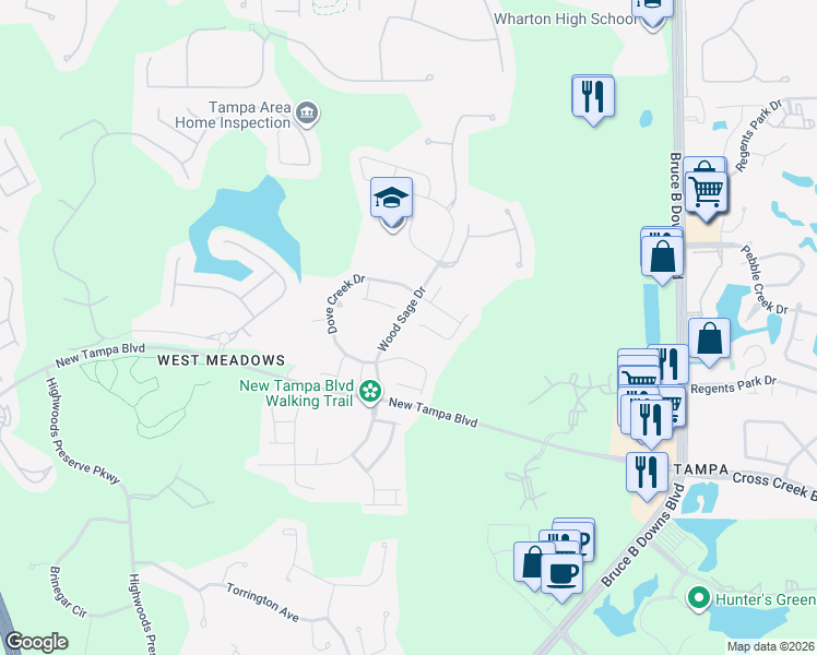 map of restaurants, bars, coffee shops, grocery stores, and more near 8608 Herons Cove Place in Tampa
