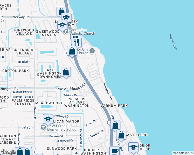 map of restaurants, bars, coffee shops, grocery stores, and more near 1050 Riverdale Drive in Melbourne