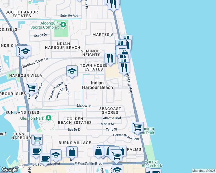 map of restaurants, bars, coffee shops, grocery stores, and more near 520 Palm Springs Boulevard in Indian Harbour Beach