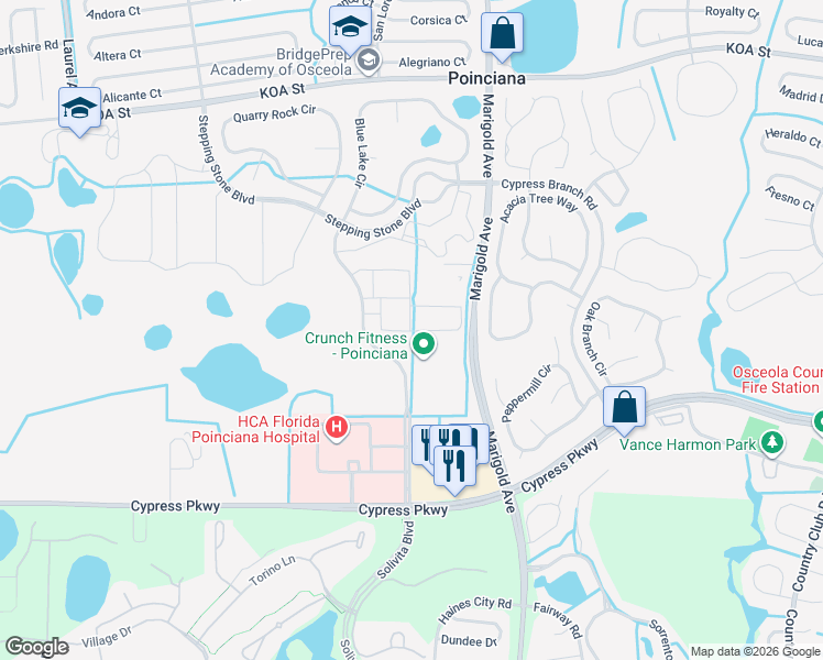 map of restaurants, bars, coffee shops, grocery stores, and more near Marigold Avenue in Poinciana