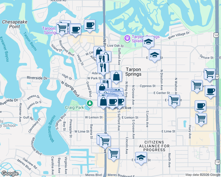 map of restaurants, bars, coffee shops, grocery stores, and more near in Tarpon Springs