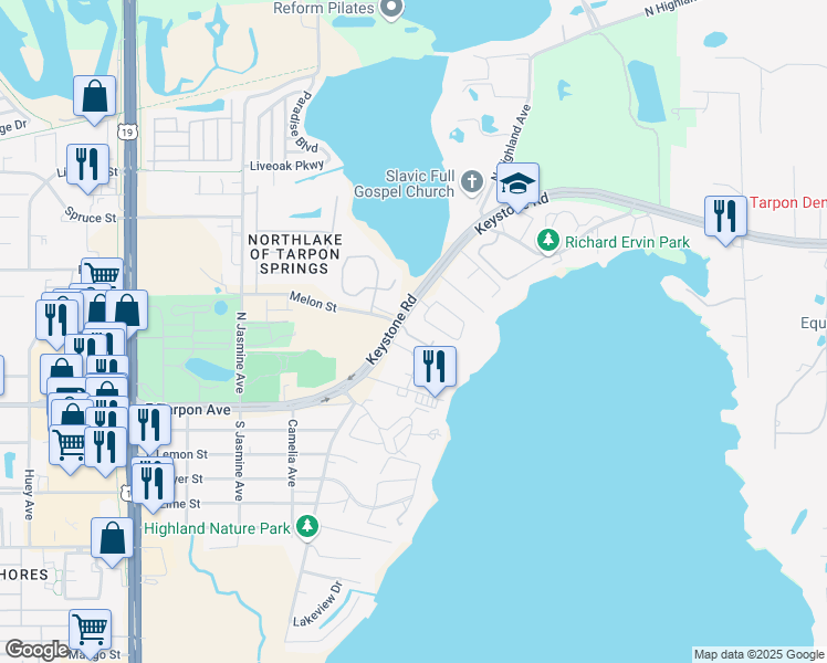 map of restaurants, bars, coffee shops, grocery stores, and more near 1425 Hillside Landing Drive in Tarpon Springs