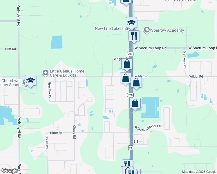 map of restaurants, bars, coffee shops, grocery stores, and more near 69 Leroy Drive East in Lakeland