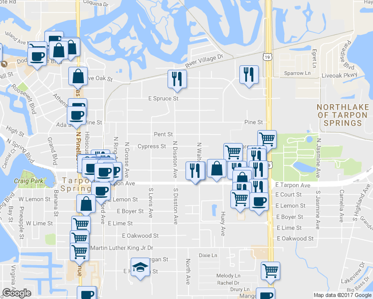 map of restaurants, bars, coffee shops, grocery stores, and more near 616 Cypress Street in Tarpon Springs