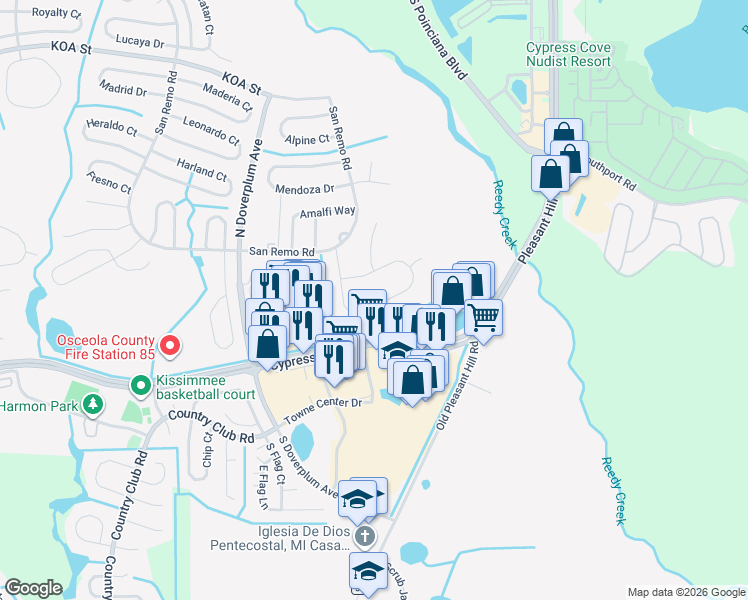 map of restaurants, bars, coffee shops, grocery stores, and more near 11 Cordona Drive in Poinciana
