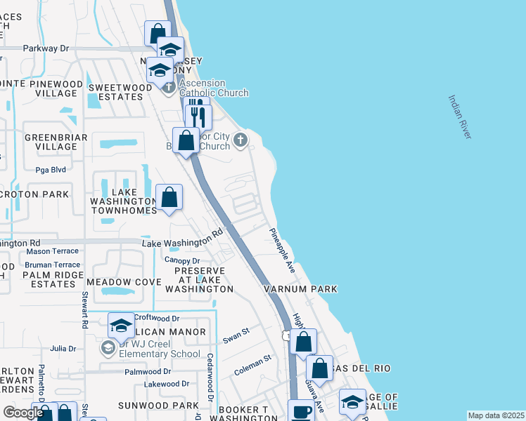 map of restaurants, bars, coffee shops, grocery stores, and more near 2569 Pineapple Avenue in Melbourne