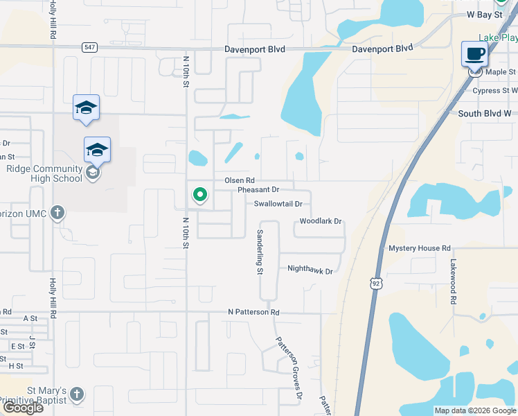 map of restaurants, bars, coffee shops, grocery stores, and more near 721 Swallowtail Drive in Haines City