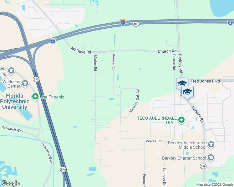 map of restaurants, bars, coffee shops, grocery stores, and more near 2099 Meadow Oak Circle in Polk City