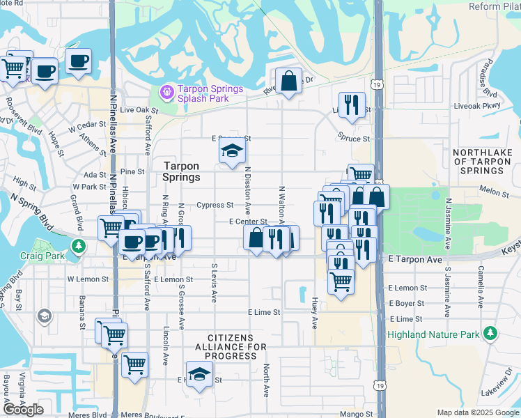 map of restaurants, bars, coffee shops, grocery stores, and more near 614 Cypress Street in Tarpon Springs