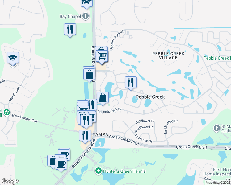 map of restaurants, bars, coffee shops, grocery stores, and more near 18509 Pebble Lake Court in Tampa