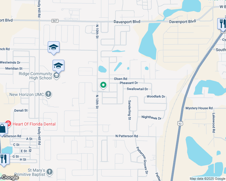 map of restaurants, bars, coffee shops, grocery stores, and more near 1081 Condor Drive in Haines City
