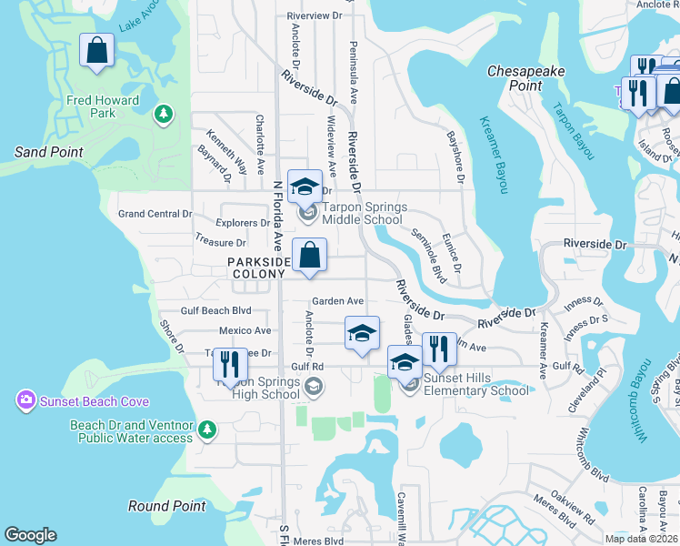 map of restaurants, bars, coffee shops, grocery stores, and more near 1410 Poinsettia Avenue in Tarpon Springs
