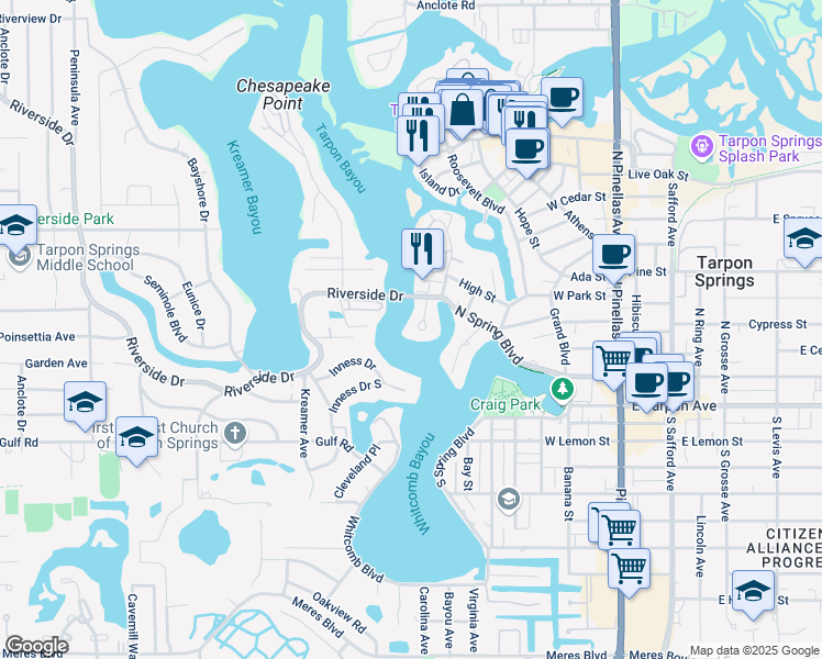 map of restaurants, bars, coffee shops, grocery stores, and more near 16 Venetian Court in Tarpon Springs