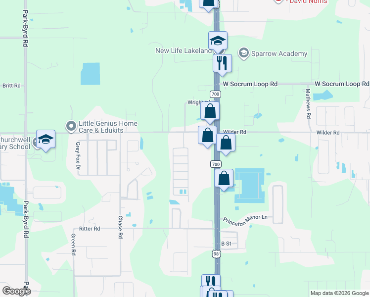 map of restaurants, bars, coffee shops, grocery stores, and more near 69 Leroy Drive East in Lakeland