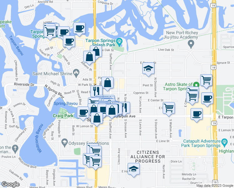 map of restaurants, bars, coffee shops, grocery stores, and more near 232 Cypress Street in Tarpon Springs