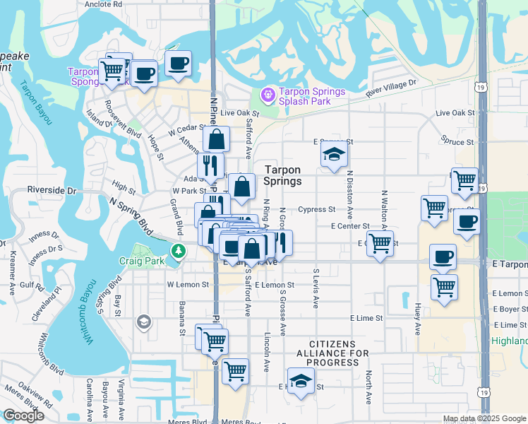 map of restaurants, bars, coffee shops, grocery stores, and more near 232 Cypress Street in Tarpon Springs