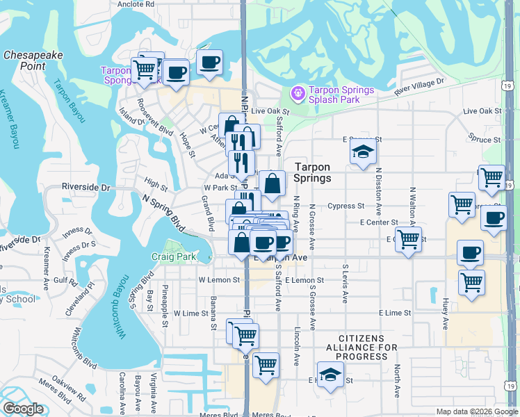 map of restaurants, bars, coffee shops, grocery stores, and more near in Tarpon Springs