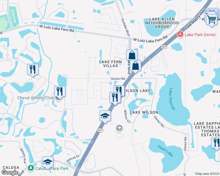 map of restaurants, bars, coffee shops, grocery stores, and more near 18852 Noble Caspian Drive in Lutz