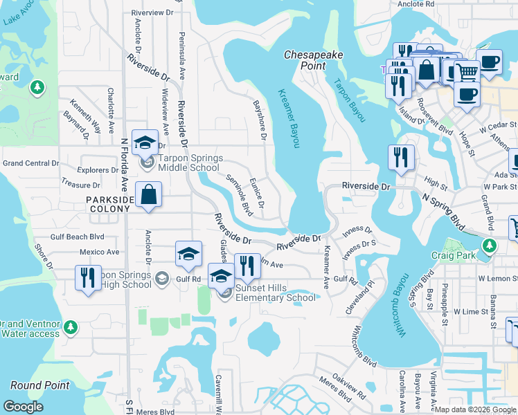 map of restaurants, bars, coffee shops, grocery stores, and more near 605 Eunice Drive in Tarpon Springs