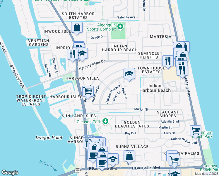 map of restaurants, bars, coffee shops, grocery stores, and more near 1127 Cheyenne Drive in Satellite Beach
