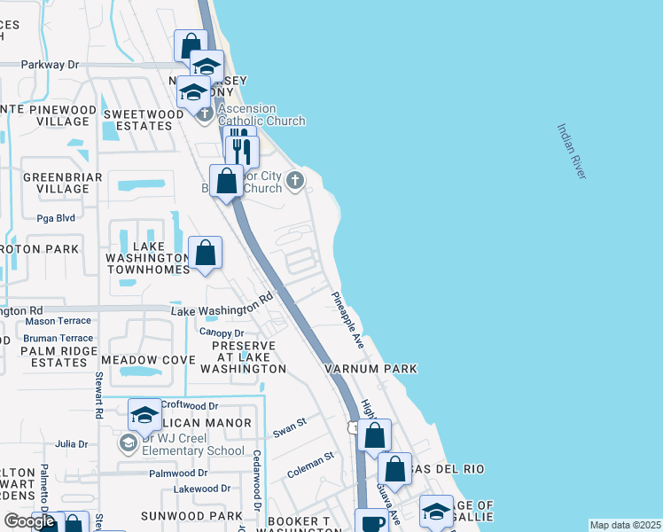 map of restaurants, bars, coffee shops, grocery stores, and more near 2569 Pineapple Avenue in Melbourne