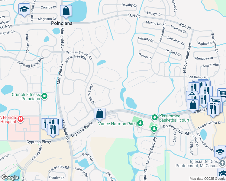 map of restaurants, bars, coffee shops, grocery stores, and more near 502 Pine Bark Court in Kissimmee