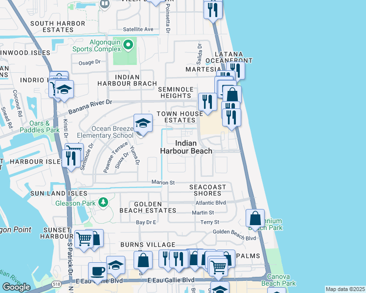 map of restaurants, bars, coffee shops, grocery stores, and more near 416 School Road in Satellite Beach