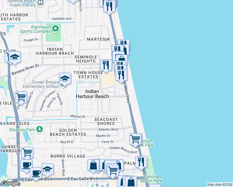 map of restaurants, bars, coffee shops, grocery stores, and more near 1944 Florida A1A in Indian Harbour Beach