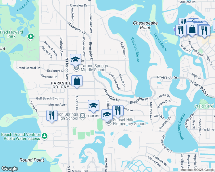 map of restaurants, bars, coffee shops, grocery stores, and more near 711 Riverside Drive in Tarpon Springs