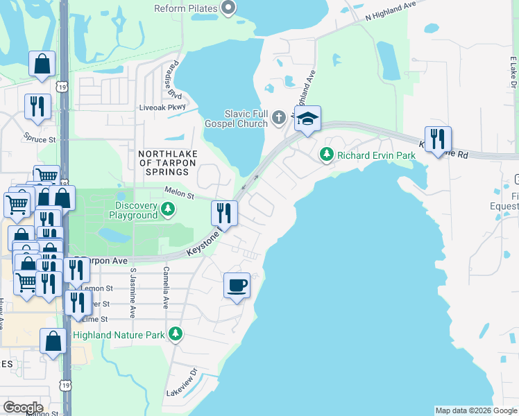 map of restaurants, bars, coffee shops, grocery stores, and more near 1467 Keystone Ridge Circle in Tarpon Springs