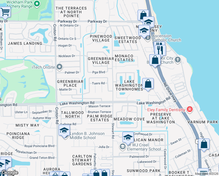 map of restaurants, bars, coffee shops, grocery stores, and more near 1628 W Shores Rd in Melbourne