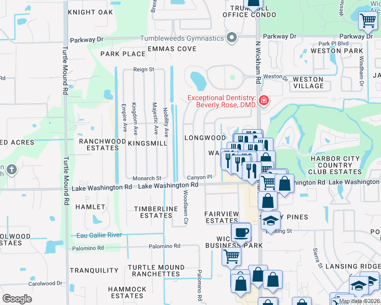 map of restaurants, bars, coffee shops, grocery stores, and more near 2582 Woodsmill Drive in Melbourne