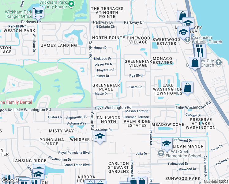 map of restaurants, bars, coffee shops, grocery stores, and more near 2573 Matte Drive in Melbourne