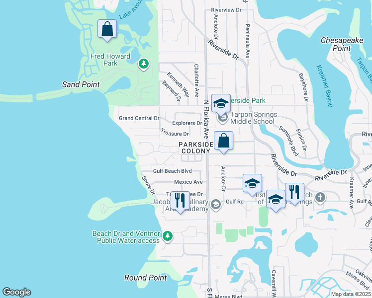 map of restaurants, bars, coffee shops, grocery stores, and more near 111 Parkside Colony Drive in Tarpon Springs