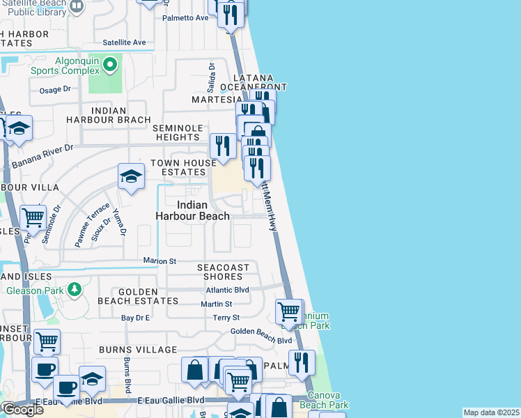 map of restaurants, bars, coffee shops, grocery stores, and more near 905 Palm Springs Boulevard in Satellite Beach