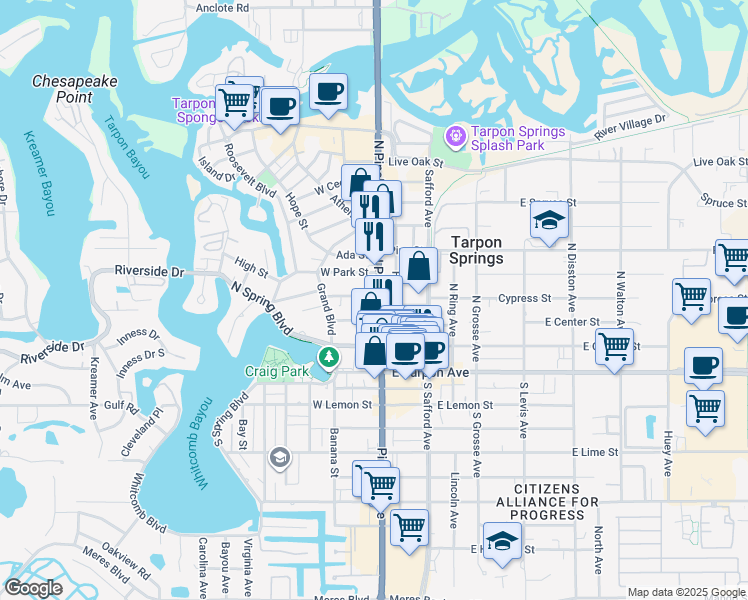 map of restaurants, bars, coffee shops, grocery stores, and more near 241 North Pinellas Avenue in Tarpon Springs