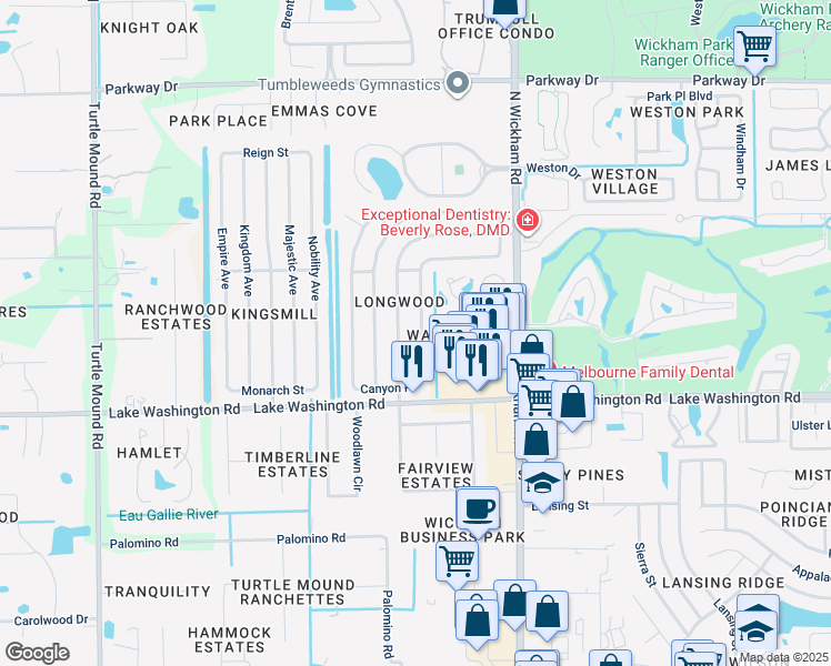 map of restaurants, bars, coffee shops, grocery stores, and more near 2582 Village Park Drive in Melbourne